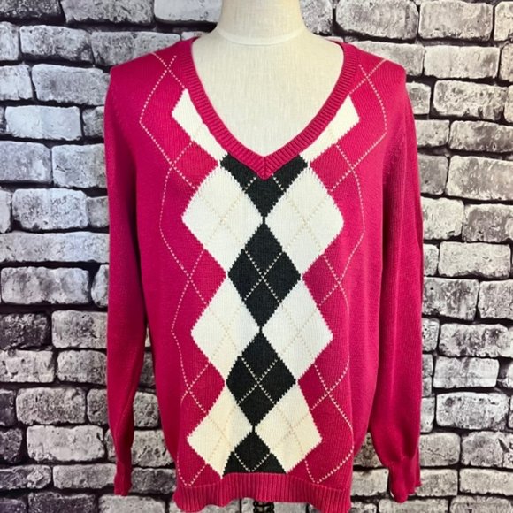 Izod Sweaters - Izod Pink, White & Gray V-Neck Long Sleeve Argyle Front Pullover Sweater Size XL